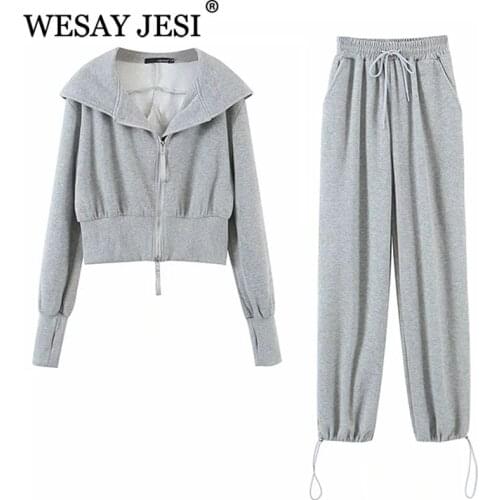 WESAY JESI Womens Tracksuit Solid Casual Hooded Pullover Clothing Sets High Waist Elastic Drawstring Sweatpants Trouser Suits