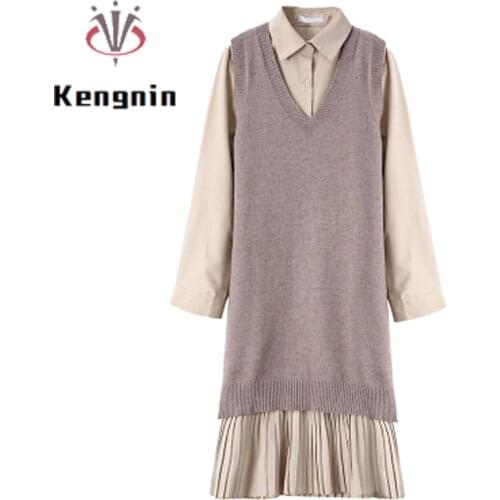 2021 Autumn Loose Oversized Women Dresses Two Piece Set Sleeveless Tank Knitted Sweater Dress+ Long Sleeve Shirt Dress KE1697