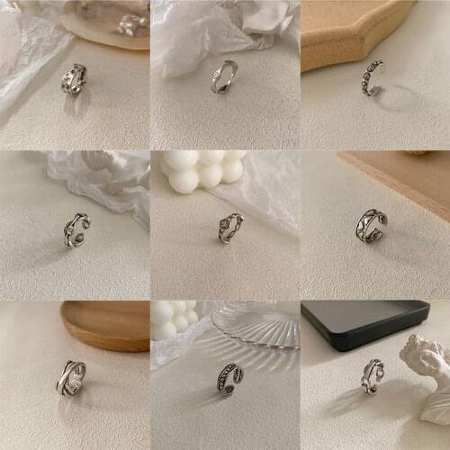 Ins Vintage Silver Open Ring for Women Fashion Smiley Geometric Heart Shape Couple Ring Adjustable Jewelry Accessory