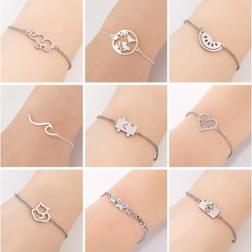 Hfarich Cute Charm Bracelets For Girls Stainless Steel Geometric Animal Wave Heart World map Bracelet For Womens New Year Gift