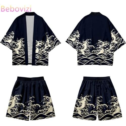 Japanese Cosplay Waves Print Cardigan Harajuku Kimono Shorts Sets Yukata Casual Vintage Shirt Women Men Haori Two-piece Suit