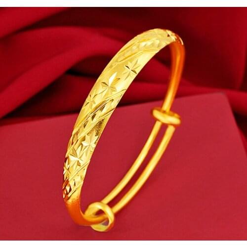 Classical 24k Yellow Gold Bracelet Bangles For Women Wide Face Push-Pull Sandblasted Bracelet Bridal Wedding Fine Jewelry Gifts