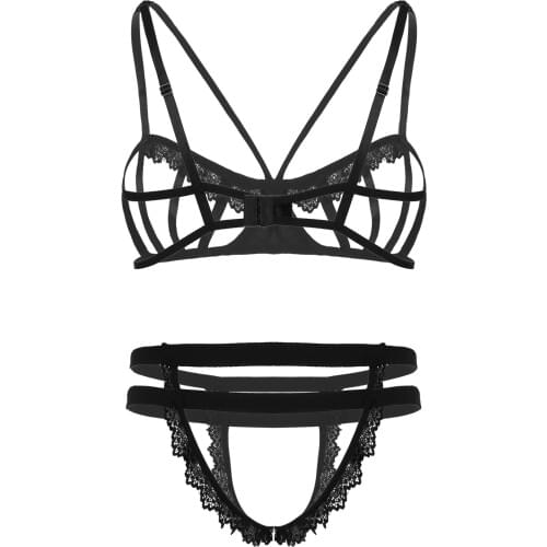 New Mens Exotic Lingerie Set Hollow Out Balconet Sissy Bra Hole Tops with Open Crotch Harness Briefs Crotchless Sexy Underwear