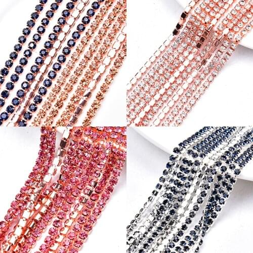 AAAAA Rhinestone Trim Clear Stone Crystal Cupchain Rose Gold Metal Base Wedding Decoration 5Yard/Lot 2.5mm/3mm/4mm/6mm Strass