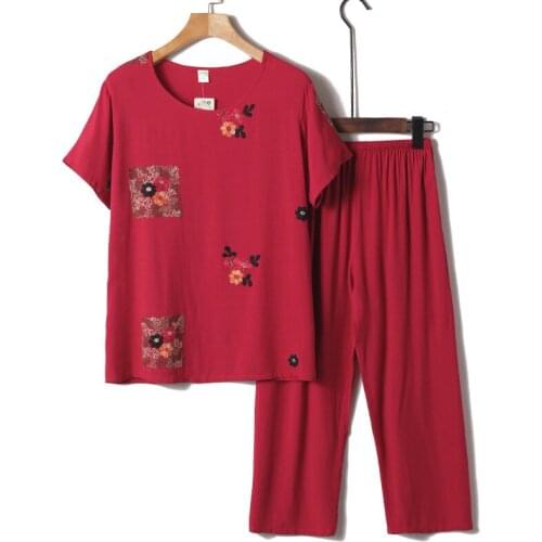 Summer Soft Mom Nightwear Cotton Set Woman Two Pieces Female Short Sleeve Casual Pajama Home Plus Large Size Flower Blue Pink