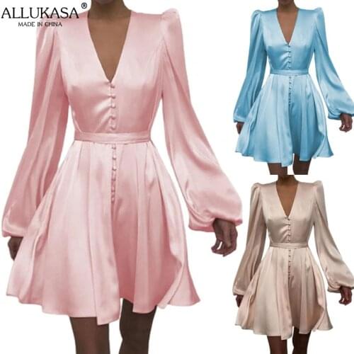 Allukasa Sexy Women V-neck Silk Satin Dress Long Sleeve A-Line Mini Elegant High Waist Casual Loose Party Female Dresses Vestido
