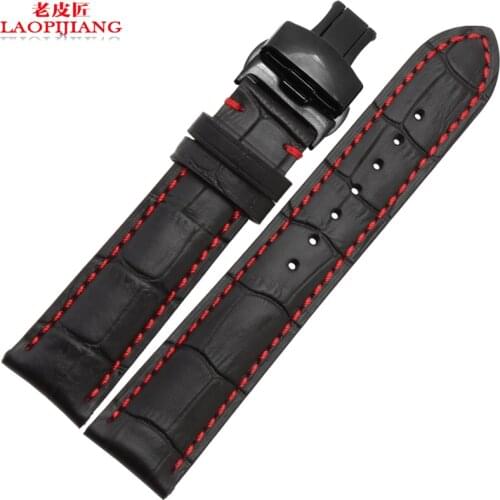 Laopijiang 18mm 19mm 20mm 21mm 22mm 24mm New Black Genuine Leather Watchband Watch Band Strap Bracelet With Red thread