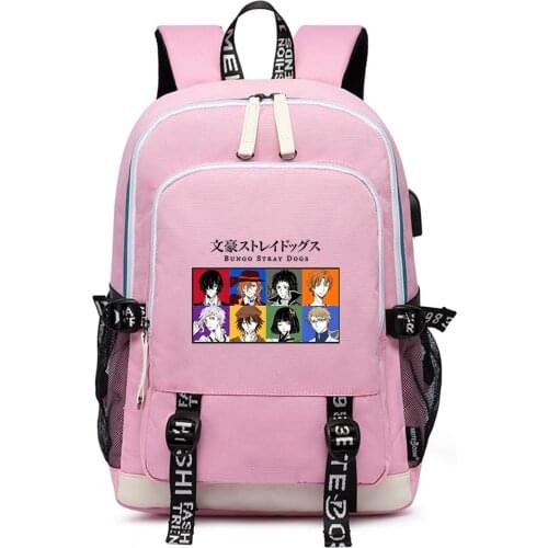 Bungo Stray Dogs Anime School Bags Gilrs Pink Bookbag Oxford Women Travel Backpack USB Charging Laptop Bagpack Cartoon Rucksack