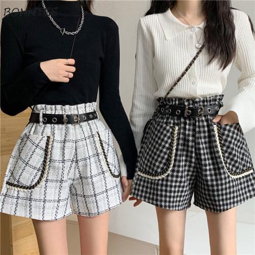 Shorts Women Plaid Autumn High Waist Feminino Trousers Leisure Loose All-match Stylish Pocket Creativity College Prevalent Ins