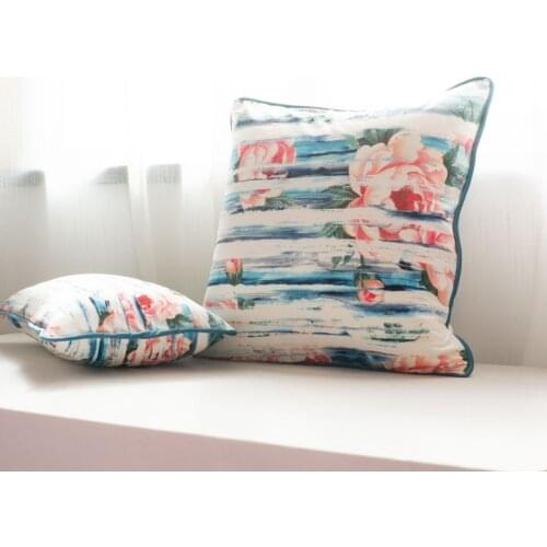 Blue Piping Edge Velvet Cushion Cover Flower Printed Printed Pillow Case Soft Throw Pillow Cover No Balling-up Without Stuffing