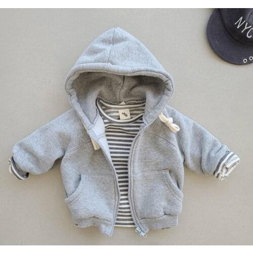 2021 Baby Boys Hooded Sweater Grey Light Purple Warm Thick Fleece Lined Sweater Toddler Girls Cotton Korean Children Clothes