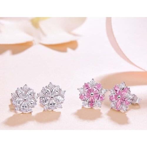 Women Rhinestone Inlaid Sakura Flower Ear Stud Earrings Wedding Jewelry Gift