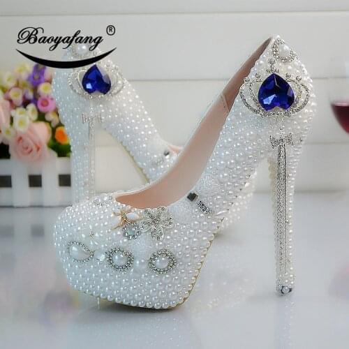 2019 New arrival Womens wedding shoes white pearl Bridal party dress shoes Woman High heels platform shoe