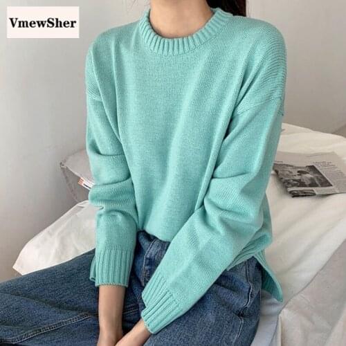 VmewSher New Solid O-neck Thread Lady Elegant Jumper Women Sweater Autumn Winter 2020 Basic Loose Casual Long Sleeve Kintwear