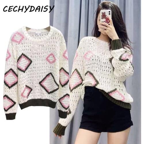 Sweater women pullover autumn spring 2020 color brick clothes hollow out plaid casual jumper new zaful mujer suéteres pull femme