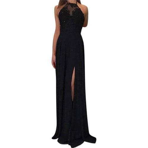 Female Sexy Prom Gown Evening Party Long Dress Solid Lace Hem Split fork Sleeveless Dresses Feminino Neck-mounted Vestido Robes