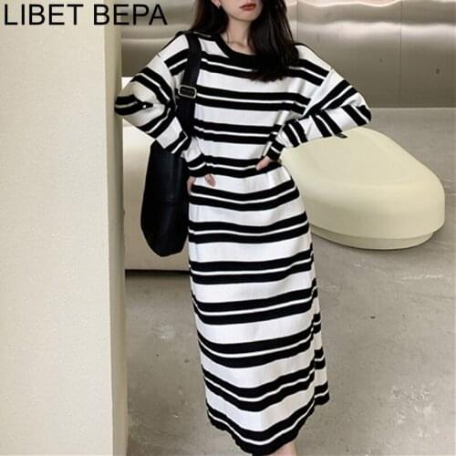2021 New Spring Autumn Women Knitting Dress Basic Bottoming Striped Oversize Elasticity Korean Style Wild Long Dresses DR40018