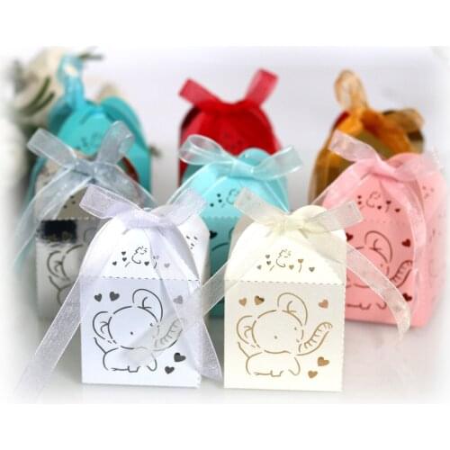10/50pcs Elephant Laser Cut Carriage Favors Box Gifts Candy Boxes With Ribbon Baby Shower Wedding Birthday Party Supplies