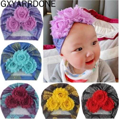 2020 Baby Beanie for Girls Floral Spring Summer Baby Girl Hat Three Shabby Flower Turban Hat Infant Baby Cap 12 Colors