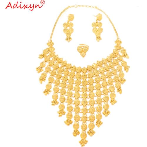 Adixyn Showily Atmospher Necklace&Earrings&Ring Jewelry Set For Women Gold Color African/Ethiopian/Dubai Wedding/Party Gifts