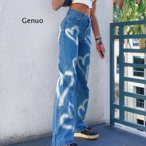 Women Vintage Heart Printed Jeans High Waist Baggy Wide Leg Streetwear Y2k Jeans 90s Straight Long Pants 2021 New Denim Trousers
