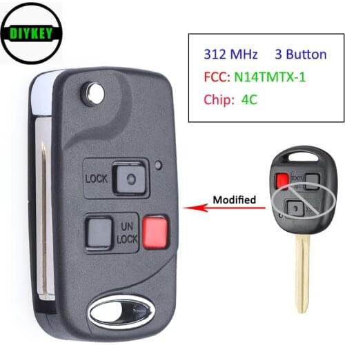 DIYKEY Flip Smart Remote Key Replacement Fob 3 Button 312 MHz for Lexus RX300 1999 2000 2001 2002 2003 FCC: N14TMTX-1 - 4C Chip