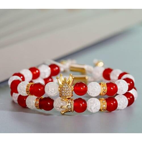 2pcs/set Classic Couple Bracelet White Red Stone Beads Bracelet Women Masculina Bileklik Classic Lovers Bracelet