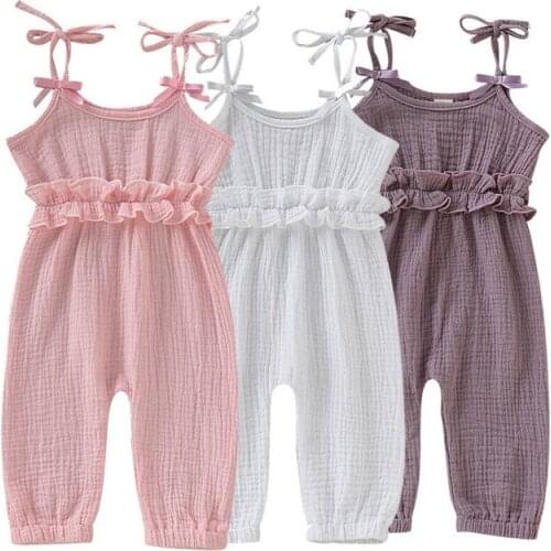 2019 Baby Girl Strap Jumpsuit Ruffled Playsuit Rompers Sunsuit Summer Solid Cotton Outfits 3colors Purple Pink White