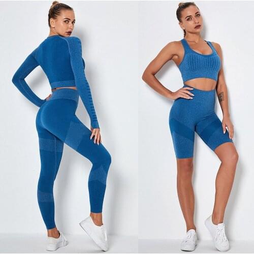 4PCS Seamless Women Yoga Set Workout Sportswear Gym Clothing Fitness Long Sleeve Crop Top High Waist Leggings Sports Suits