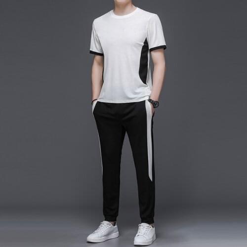 New Summer Round Neck Fashion Korean Dad Thin Ice Silk Short Sleeve MenS Suit Loose Leisure Sports Quick Dry Two Piece Set Boy