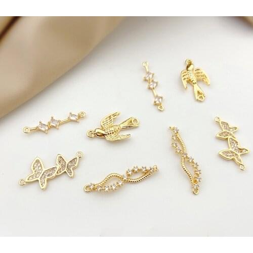 Copper 18K gold inlaid zircon double hanging swallow butterfly DIY necklace bracelet accessories homemade earrings material