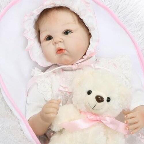 22 inch Cute baby reborn newborn girl doll soft real touch silicone bebe doll with bear plush doll gift play house toys