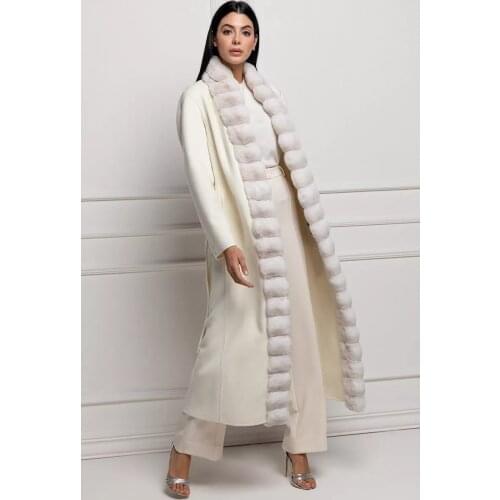 FURSARCA 2021 New 130cm Long White Cashmere Coats Rex Rabbit Fur Luxury Elegant High Quality Wrap Coat Slim Winter Warm Overcoat