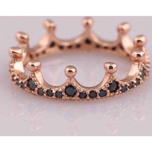 S925 Rose Enchanted Crown Black Crystal Ring For Women Wedding Party Gift fit Lady Jewelry