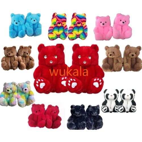 Women Home Indoor Soft anti-slip Faux Fur Cute Slippers Winter Warm Shoes Cartoon Plush Teddy Bear Slippers EUR 36-40US 6-9