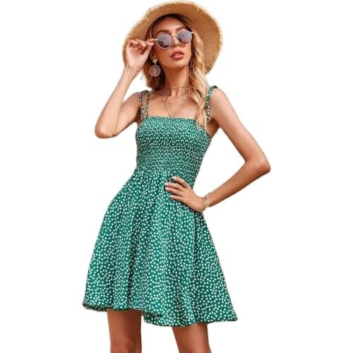 Retro Dot Print Chiffon Suspender Dress Womens Slim Mini Stretch Sexy Sleeveless Sweet Lovely Casual Beach Backless Aline Skirt