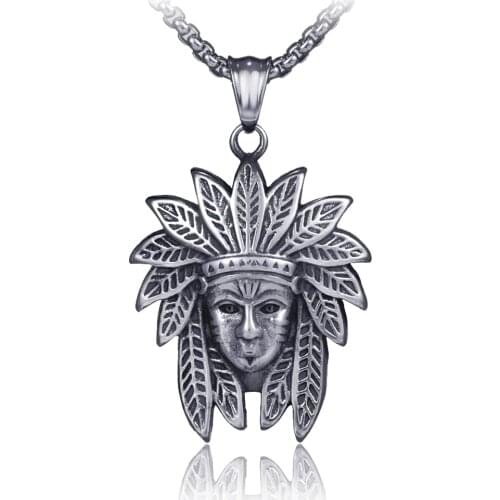 Vintage hip hop pendant necklace men long Box chain stainless steel jewelry Indian chief avatar 2020 punk gothic naszyjnik