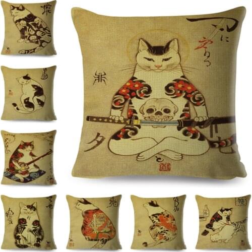 Vintage Japanese Samurai Cat Tattoo Cushion Cover Decor Retro Animal Pillowcase for Sofa Home Car Polyester Pillow case 45x45cm