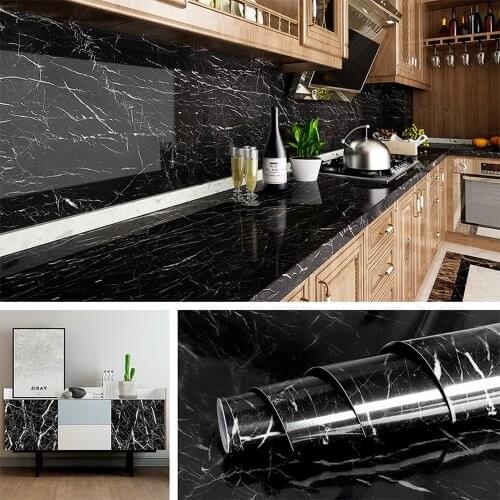 Black Marble Waterproof Oil-proof Self Adhesive Wallpaper Vinyl Wall Stickers Bathroom Bedroom Kitchen Cupboard Furniture Recap
