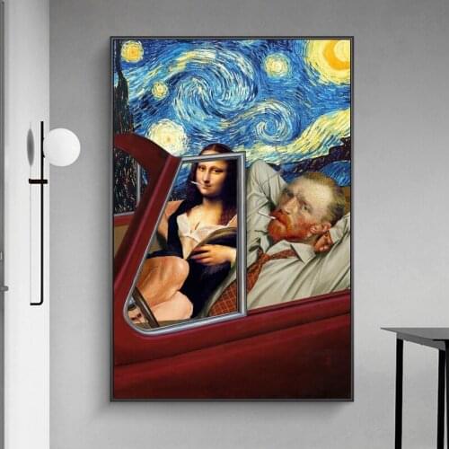 Funny Art Van Gogh and Mona Lisa Driving Smoking 5D DIY Poured Glue Diamond Painting Kits Scalloped Edge Abstract Home Decor Art