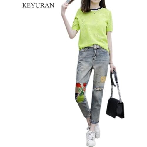 Women Fashion Short Sleeve Knitted Tops T-shirt + Hole Jeans 2 Pieces Sets New Summer suit Casual Womens Denim Pants Tracksuit