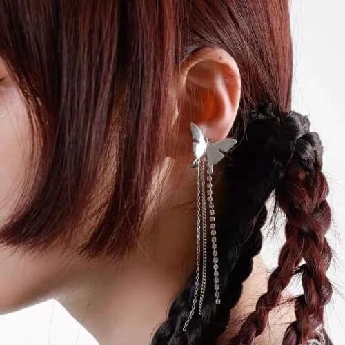 VSnow Statement Vintage Butterfly Long Tassel Clip Earring for Women Femme Silver Color Metal Rhinestones Chain Earring Jewelry