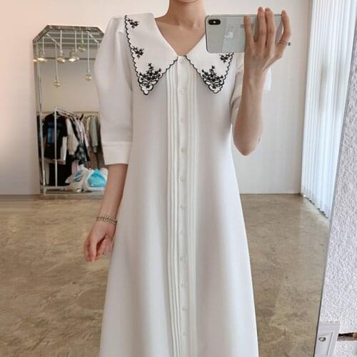 Summer Long Dress Women Robes Vintage Embroidery Single-Breasted White Dress Woman Turn-Down Collar Elegant Black Dresses 14702