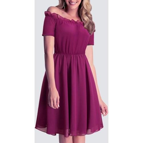Women Elegant Charming Slash Neck Elastic Waist Flowy A-Line Knee Length Chiffon Dress 1HA035