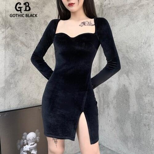 Gothblack Slim Solid Long Sleeve Mini Dress Women Gothic Dark Square Neck Suede Bodycon Split Dresses Fashion Chic Party Dress
