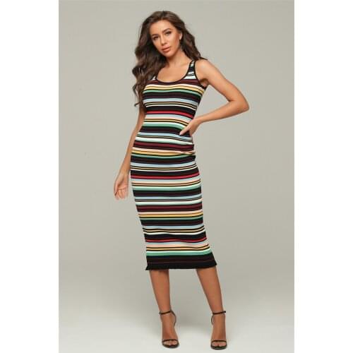 2020 New Jacquard Stripe Fashion Sleeveless Summer Midi Calf Women Dress Bandage Night Party Dress