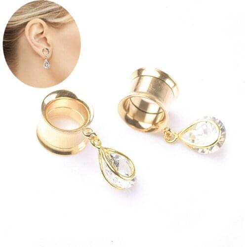 2PCS Stainless Steel Gold Color Ear Plugs And Tunnels Flesh Water Drop Expansions Piercing Women Ear Tunnel Gauges Body Jewelry