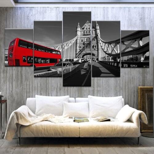 5 Panel HD Print A red bus in London street modern wall posters Canvas Art Painting For home living room decoration