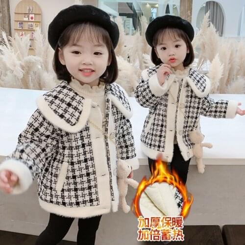 Girls Black-And-White Thousand Bird Tweed Coat Foreign Style Baby Kids Lapel Windbreaker Childrens Thickened Trench Jacket X553