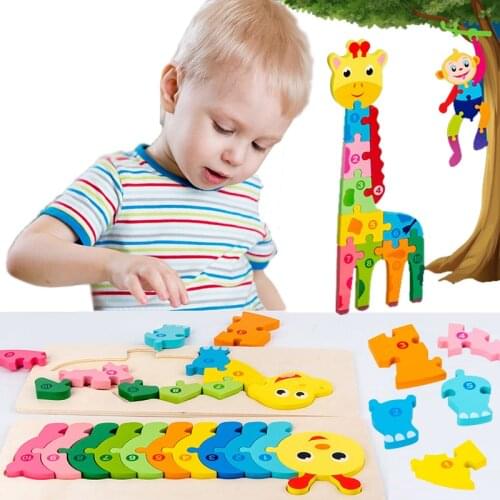 Baby Wooden 3D Puzzle Dinosaur Giraffe Animal Number Jigsaw Wood Puzzle Game Children Kids Montessori Educational Toy Child Gift